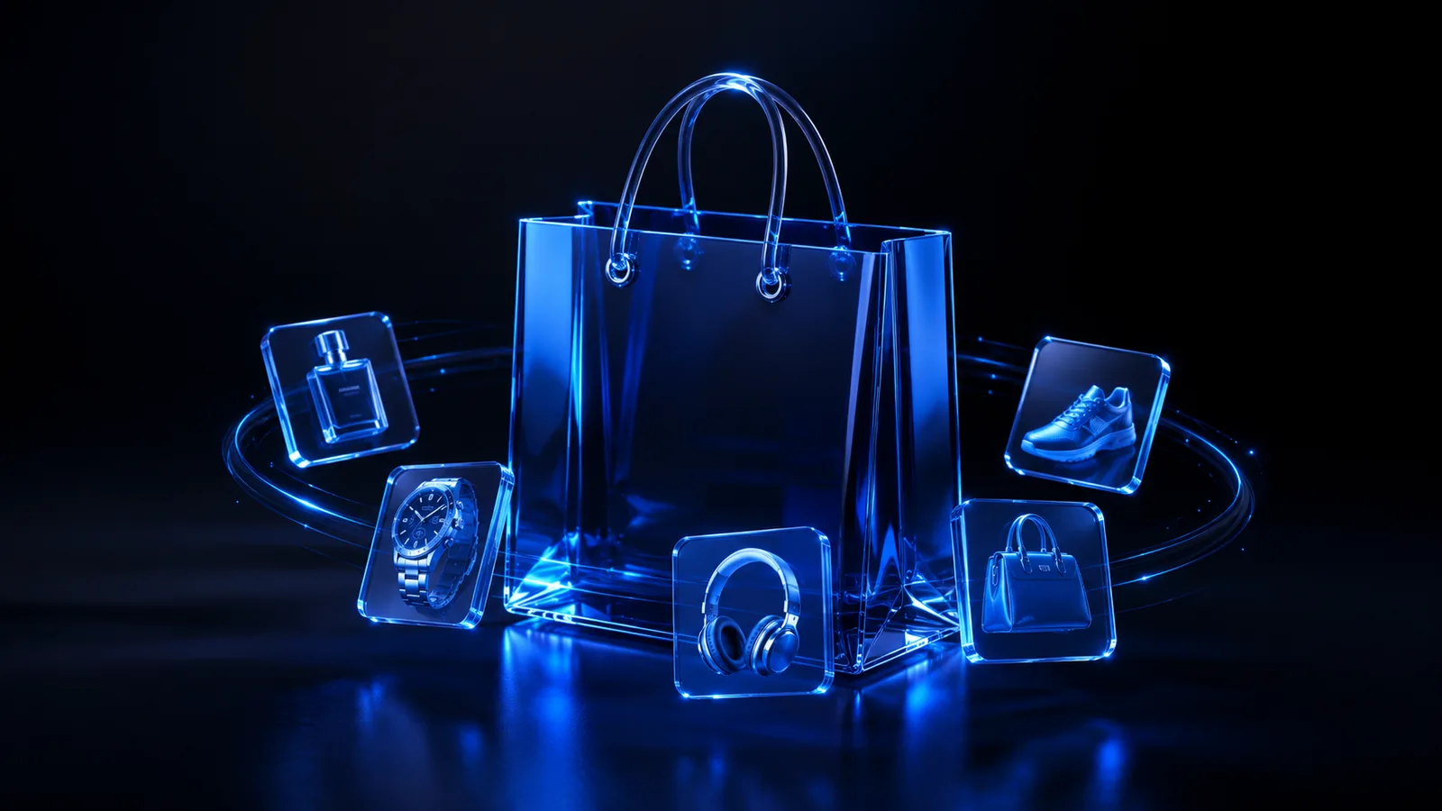 Blue glass shopping bag with floating product cards — eCommerce development by O9 Market Odisha